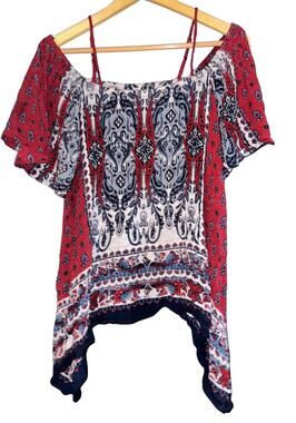 Earthbound Boho Off Shoulder Top Women's XL Paisley Hippie Shark Bite Hem Flowy